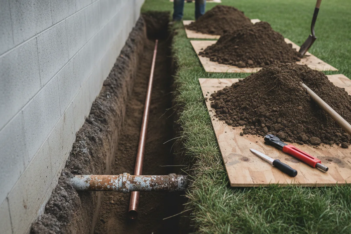 Excavated water line trench during Sewer Line Repair in Cobden